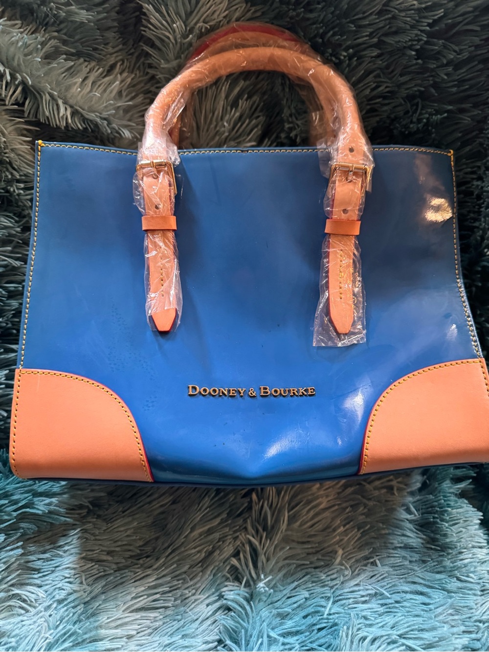 Dooney & Bourke Blue and Tan Leather Satchel with Gold Logo
